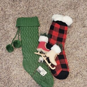 Christmas Bundle-Green Knit  Stocking, Plaid Slipper Socks And Ice Skate Picks